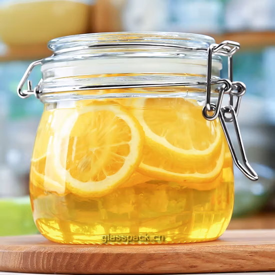 Envases de vidrio herméticos al por mayor, cristalería para almacenamiento de alimentos con tapa abatible